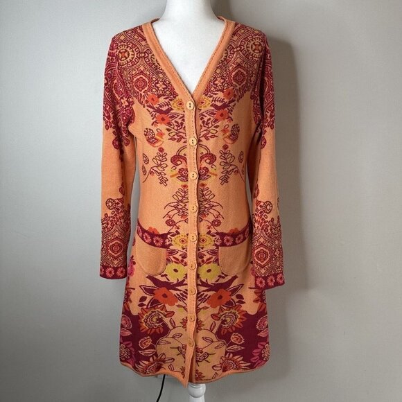 KOOI Knitwear Sz M Orange Red Floral Long Cardigan Artsy Boho Retro Festival Hip - Picture 1 of 13